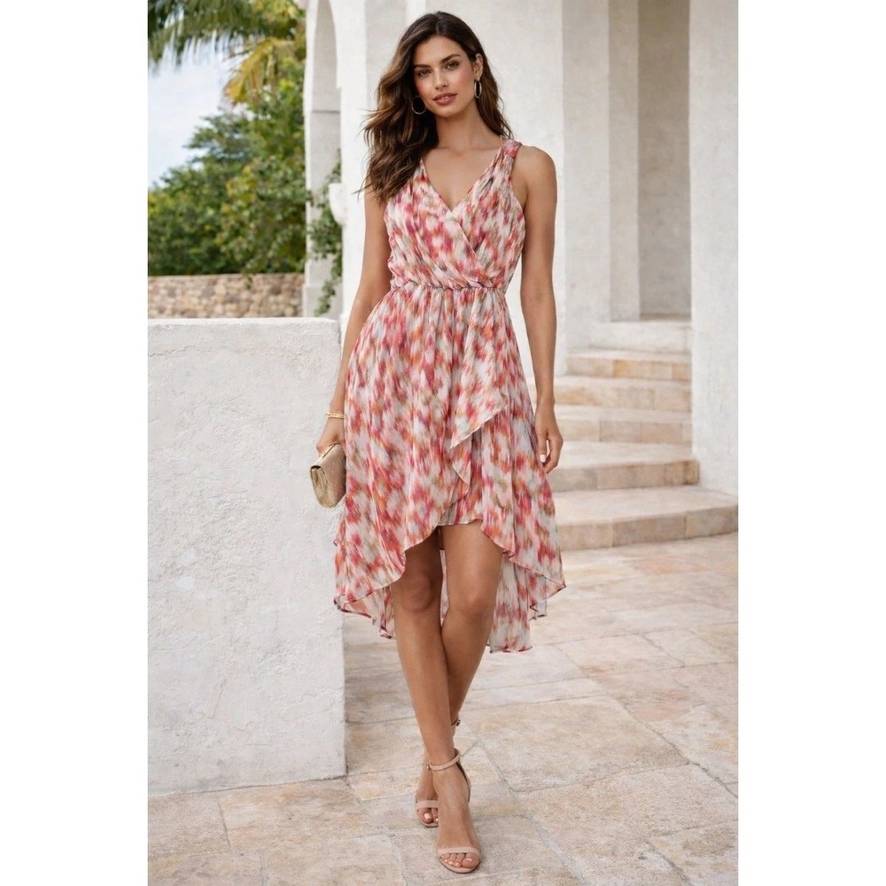 Bisou Bisou Michele Bohbot Pink Orange Abstract High Low Dress Size 14